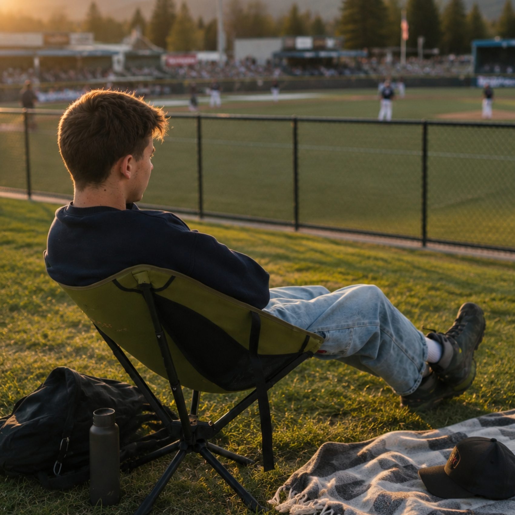 A man sitting in the olive Pacto chair on the grass beside a baseball field at sunset